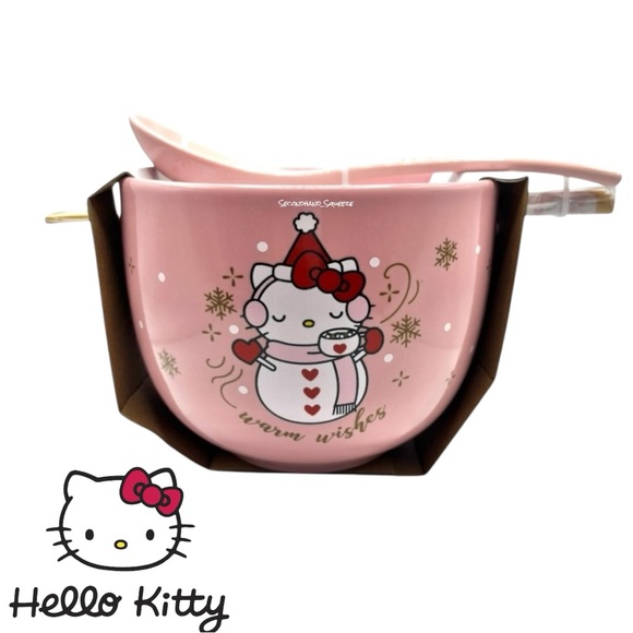 Hello Kitty Christmas Ceramic Bowl With Chopsticks And Spoon - Picture 1 of 2